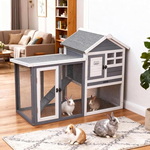 GEGURI Large Rabbit Hutch Indoor Outdoor Chicken Coop Wooden Bunny Cage with Waterproof Roof (48''L x 24''W x 36''H Grey)