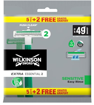 Wilkinson Sword Extra 2 Sensitive - Pack de 5 + 2 Maquinillas de Afeitar Desechables - Banda lubricante con Vitamina E para evitar la irritación de la piel - Protección Afeitado Total