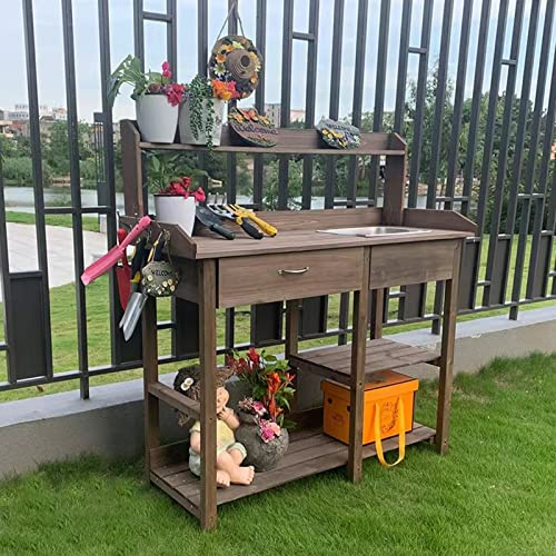 Tavolo da giardinaggio all'aperto Supporto per fiori in legno, tavolo per piantare fiori per la protezione solare sostitutiva del terreno per villa con giardino con balcone (Carbonized Color)