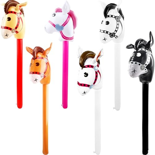 6 pack 40 Inch Inflatable Horse Stick Cute Horsehead Stick Balloon Colorful Inflatable Horsehead Stick Blow Up Pony Stick Toys for Christmas Cowboy Cowgirl Horse Theme Party Decor (Color Set 1)