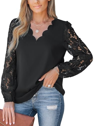 CUPSHE damblus blommig spets uddig topp långärmad v-ringad elegant skjorta, Svart, XS