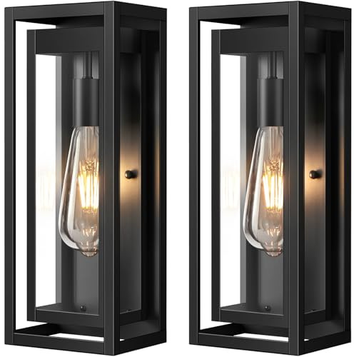 Slypadan 15 Large Outdoor Wall Lights, 2 Pack Matte Black Outdoor Sconces, Modern Waterproof Exterior Lighting Fixtures with Clear Glass Shade for Front Door, Porch, Garage