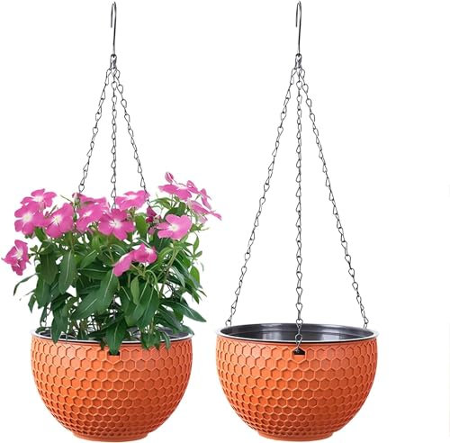 WOWEI Vasi da Fiori Sospesi Set di 2 Autoirriganti Vasi da Parete con Serbatoio dell'acqua e Foro di Scarico, Porta Vasi Sospesi a Nido d'ape con Catene per Balconi Decorazione (Arancione, S)