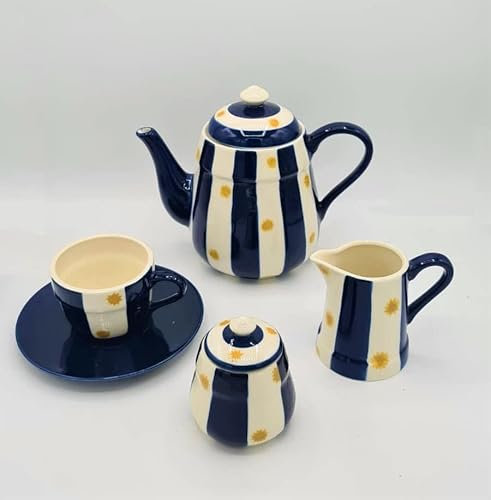 Juego de té y café de 2, 1 tetera, 1 jarra de leche, 1 azucarero, 2 tazas de té café con 2 platos. Servicio de té, cerámica (rayas blancas azules con estrellas amarillas) Sun Yellow de 7 piezas