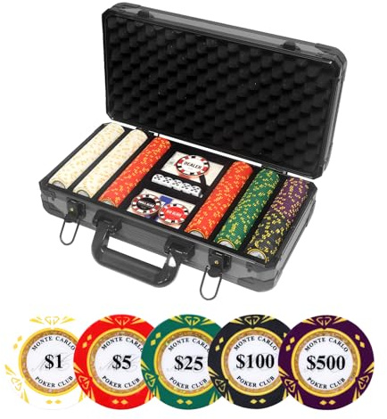 JIESITE 14 Gram Clay Poker Chips Set Texas Hold’em 300PCS Poker Chips Set Numbered Chips with High-End Chip Case and Poker Accessories for Blackjack Poker Games (B 300 PCS)