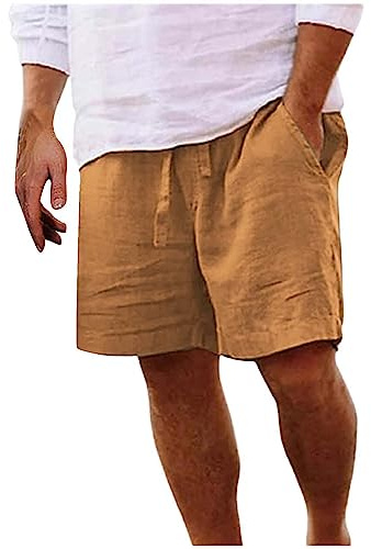 riou Pantalones Cortos Hombre Verano Casual Algodón y Lino Cómodo Bermudas Shorts Suave Ligero Deporte con Cordon Pantalones Chinos Cortos Cintura Elástica Short con Bolsillo
