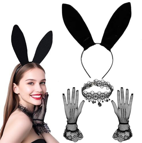 Cosysparks Bunny Costume Coniglio Donna, Sexy Bunny Girl Fancy Costume Nero Lungo Bunny Ear Peal Lace Collana e Guanti Mesh Coniglio Cosplay Set per Halloween Carnevale e Partito