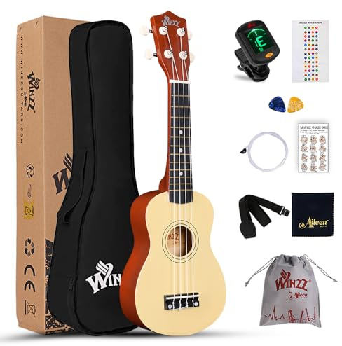 Winzz Ukulele for Kids 21 inch, Soprano Ukulele for Adults Beginner, Children Starter Kit with 9 Accessories (Natural)