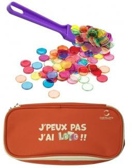 cavernedesjouets Kit Accessoires Loto Bingo 3 en 1 - Trousse + bâton ramasse jetons magnétique Violet + 100 pions aimantes - Set Materiel Jeu + 1 Carte