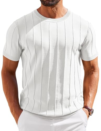 COOFANDY Maglietta Uomo Manica Corta T-Shirt Estive Leggero Magliette Lavorata a Maglia a Righe Magliette da Lavoro T Shirt Casual a Tinta Unita Bianco M