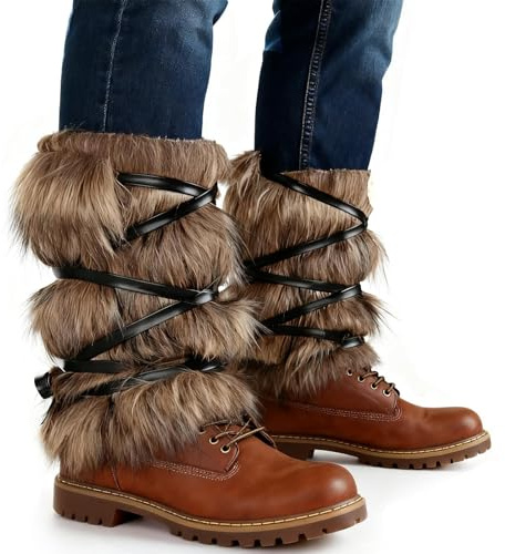 Ycfish Faux Fur Leg Warmers, Fur Boot Covers, Furry Viking Costume Women and Men Medieval Barbarian Cosplay (brown)