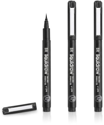Liquidraw Black Brush Pen 3-pack | Waterproof & Fadeproof Calligraphy Pen for Artists, Architects & Designers | Fineliner for Drawing, Sketching, Illustrations & Lettering | Smooth Ink Flow