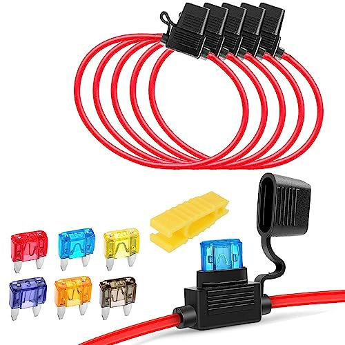 Gebildet 5pcs 16AWG Sicherungshalter mit Draht für KFZ LKW, 32V 20A Flachsicherung Wasserdicht Halter, Inline Blade Fuse Holder mit 6-teiligen Klein Flachsicherungen (3A / 5A / 7.5A / 10A / 15A / 20A)