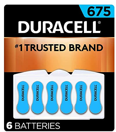 Duracell Hearing Aid Batteries Blue Size 675, 6 Count Pack, 675A Size Hearing Aid Battery with Long-lasting Power, Extra-Long EasyTab Install for Hearing Aid Devices