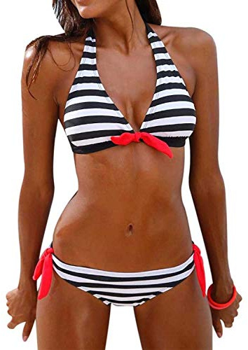 Voqeen Mujer Bikini Rayas Cabestro Traje de baño Acolchado Ropa de Playa de Dos Piezas