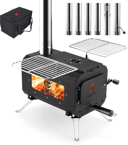 BiggerFire Camping Tent Stove with 6 Chimney Pipes,Portable Wood Burning Stove and Carrying Bag for Outdoor Cooking Heater Log Burner Tent Shelter Garden