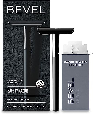 Bevel Safety Razor with Brass Weighted Handle and 10 Double Edge Safety Razor Blade Refills, Single Blade Razor for Men, Designed for Coarse Hair to Prevent Razor Bumps, Black