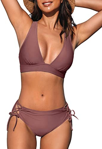 CUPSHE, Bikini da donna, costume da bagno a due pezzi, scollo a V, top a triangolo con spalline larghe, incrocio sul retro, con lacci, vita media | Cravatta laterale regolabile, spalline larghe, copertura moderata, cravatta posteriore incrociata, coppe morbide rimovibili