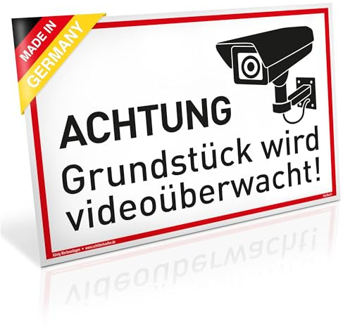 Schild Achtung Grundstück wird videoüberwacht! | PVC 30 x 20 cm | stabiles PVC Schild mit UV-Schutz | weiß | Videoüberwachung Kameraüberwachung Kameraüberwacht | Dreifke®