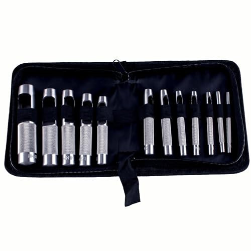 TIOMIOSEA 12er Locheisen Set 3-19mm Lochstanzer Runde Leder Stanzwerkzeug Set für Leder, Textilien, Papier, Uhrenarmband, Dichtung Gürtel, Schuh, Stoff, Leinwand Kleidung, Öse (1/8 ''-3/4 '')