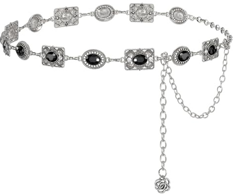 LEACOOLKEY Western Concho Chain Belt Women Boho Rhinestone Gems Metal Waist Belt Cowgirl Gold Silver Chain for Dress Jeans