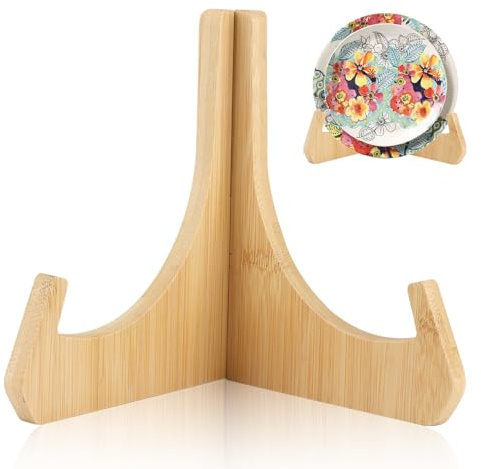 Amztour Soporte Platos Decorativos Adornos 6 Pulgadas Soporte Para Platos de Bambú para Exhibir Platos Decorativos, Marcos de Fotos, Libros y Discos en Interiores con Estilo Natural.