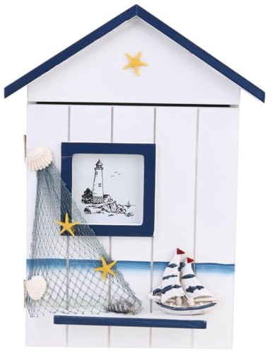 DEARMAMY Cassetta Portachiavi in Legno Forma di Casa Stile con Ganci Organizer da Parete per Chiavi Ingresso Decorazione Murale con Vela e Stella del Mare