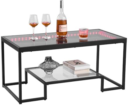 VEVOR Mesa Auxiliar de Cristal Templado con Iluminación, Rectangular, con Dos Niveles y Espacio de Almacenamiento Abierto, Estilo Industrial Moderno, para Salón u Oficina, 100 x 51 x 48 cm, Negro