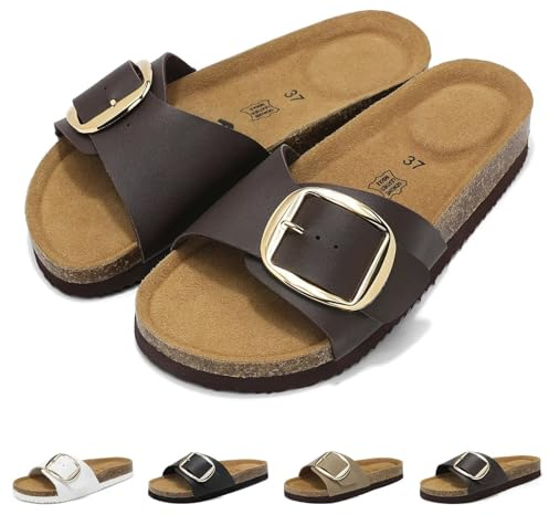 Wizshoe Sandalias Mujer Cómodas Sandalias de Pala Plantilla de Corcho Hebilla Ajustable Zapatillas Verano Punta Abierta Mules Antideslizante Chanclas Plano Marrón 39EU