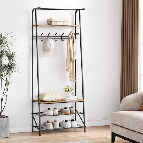 Takywep Coat Rack, Floorstanding Hall Tree with Shoe Rack, Wooden and Metal Coat Stand, Industrial Clothes Rack, for Hallway, Living Room, Bedroom, 25.2''x11.4''x70'', Rustic Brown