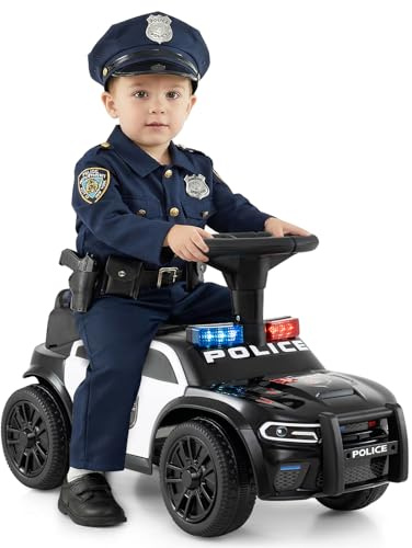 COSTWAY Porteur Enfant de Police avec Lumières Clignotantes, Musique et Sirène, Véhicule à Pousser avec Coffre à Jouets sous Siège, Dispositif Anti-basculement, Charge 20kg pour 18 Mois+ (Noir)