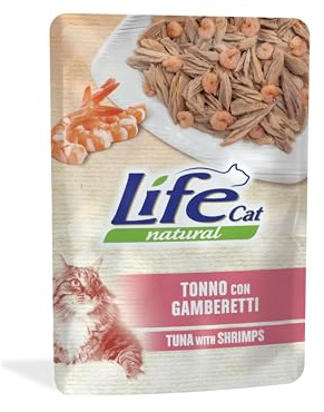 Life Cat Natural Tonno con Gamberetti, Cibo Umido per Gatti, 6 Bustine da 70g