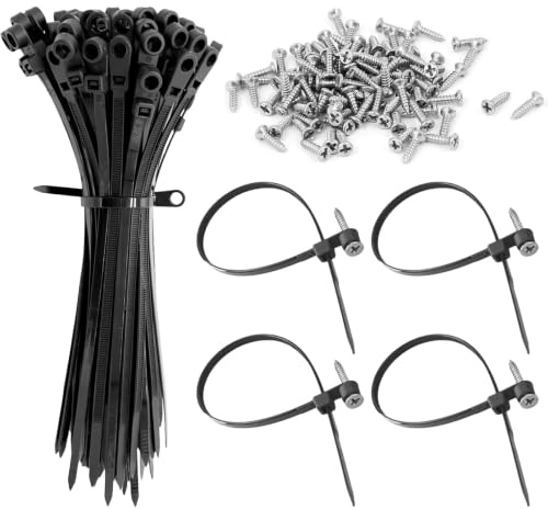Set med 50 buntband med M4 x 30 skruvar, svart plastklämma, 150 x 3,6 mm, nylonkabelband med monteringshål för kabelhantering, kabelförvaring för kontor och hem