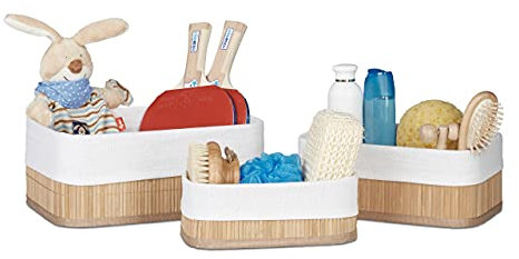 Relaxdays Aufbewahrungskorb 3er Set, Stoffbezug, Bambus, rechteckig, Bad, Accessoires, Spielzeug, Allzweckkorb, natur, 20 x 30 x 13 cm