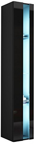 Hängevitrine Vigo New 180, Moderne Vitrine mit Glasböden Vitrinenschrank Farbauswahl Stauraumvitrine Hochschrank Wohnzimmer Highboard Schrank (mit Blauer LED Beleuchtung, Schwarz/Schwarz Hochglanz)