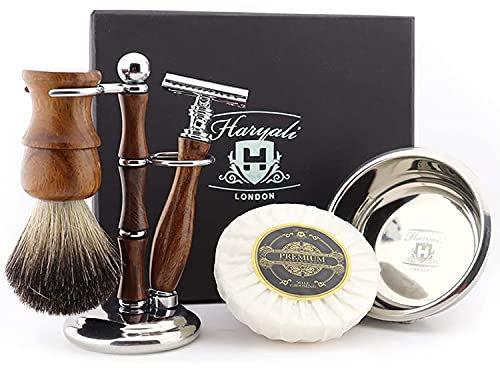 Haryali London 5-teiliges Rasierset aus Holz, doppelseitiger Rasierhobel, reines schwarzes Dachshaar, Ständer, Schale und Seife