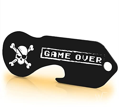 Einkaufswagenlöser ® Game Over/Entriegler für Einkaufswagen – inkl. 1 Jahr Schlüsselfundservice/Einkaufswagenchip abziehbar/Einkaufschip zum rausziehen/Schlüsselanhänger Metall / 1 Stück