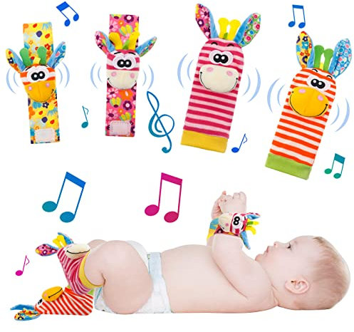 KroY PecoeD Bébé Poignet et Chaussettes Hochet, 4 Pcs Hochet Bebe Bell Strap Poignet et Pied Finder Jouets d'éveil pour Tout-petits Garçons Filles Développement Sensoriel Cadeau