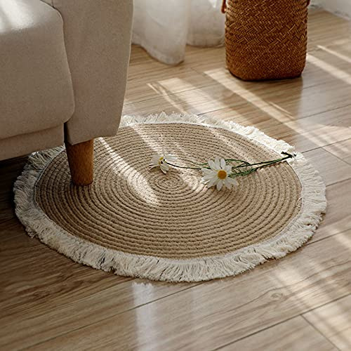 STWINKLE Teppich Rund Wohnzimmer Jute Muster Modern Handgefertigt Naturteppich Handgemacht, Naturfarben Ländlich Esszimmer Schlafzimmer Recycelte Baumwolle Teppich Geflochtener(Braun1,45x45cm)