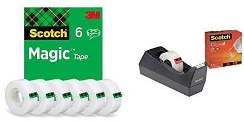 Scotch Magic Invisible Tape, 19 mm x 33 m, 6 rolls & otch C38 Tischabroller schwarz + Scotch Crystal Klebeband, 1 Rolle, 19 mm x 10 m