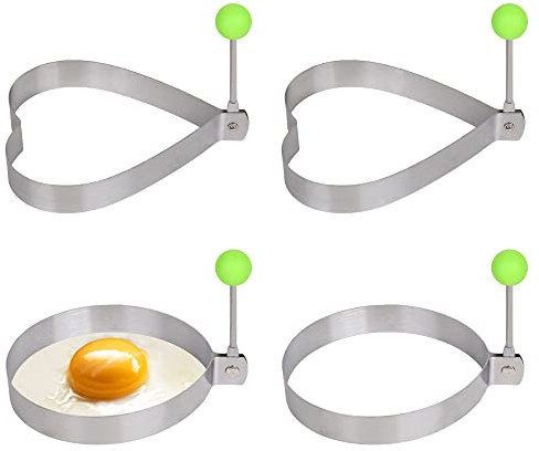 XHNFCU Anelli per Uova in Acciaio Inox con Impugnatura Anti-calore, 4 Pezzi, 2 Rotondi, 2 a Forma di Cuore, Stampi per Uova Fritte Antiaderenti per Frittura, Pancake