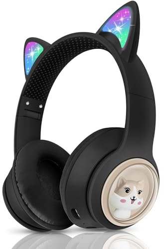 Woukksy Auriculares Niños,Auriculares Bluetooth para niños sin Cable,con Orejas de Gato LED,supraaurales con limitador de Volumen de 85 dB,Plegables,para Tableta,teléfono móvil,Ordenador y Escuela