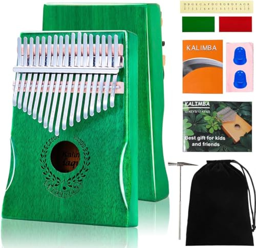 Kalimba 17 Keys Thumb Piano - Green Finger Piano Professional Musical Instrument Marimbas with Flannelette Bag, Study Instruction, Tuning Hammer Gift for Kids Adults Beginners