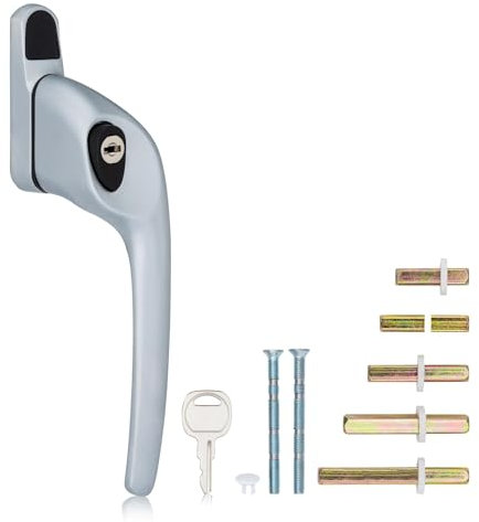 XFORT Locking Cockspur Window Handle Installation Kit in Satin Chrome, Right Hand UPVC Window Handle Replacement, Lockable Window Lever