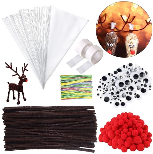 100 Stück Süßigkeiten Tüten Weihnachten, Spitztüten Transparent Cellophantüten 25x13cm mit Pfeifenreiniger Pfeifenputzer Braun Wackelaugen Selbstklebend Rote Pompons für Bonbons Kekse