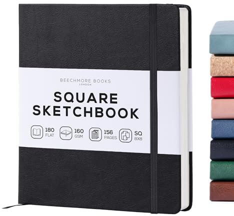 BEECHMORE BOOKS Quaderno da disegno quadrato (20,3 x 20,3 cm) – 156 pagine, 160 g/m² | Copertina rigida in similpelle, apertura piatta, pagine perforate, confezione regalo, diario artistico