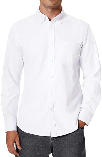 siliteelon Men's Oxford Shirt Long Sleeve Smart Casual Plain Regualr Fit Button Down Shirts with Pockt White XXL
