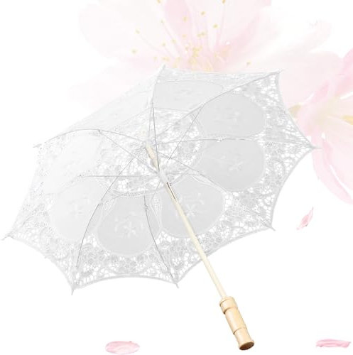 Yowmina Weißer Vintage Spitzenschirm, Hochzeitsschirm Spitze Brautschirm, Spitze Blumen Sonnenschirm, Verzierter Regenschirm Für Hochzeit Feier Fotografie Prop Regenschirm (51cm)