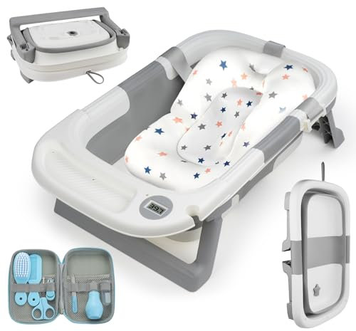 absolove Baby Badewanne Platzsparend,Baby Faltbare Bath Tub mit 8 in 1 Babypflege Set,Rutschfestes Baby Badekissen und Abflussloch,PP+TPE Babybadewanne für Neugeborene Kleinkind ab 0-24 Monaten(Grau)