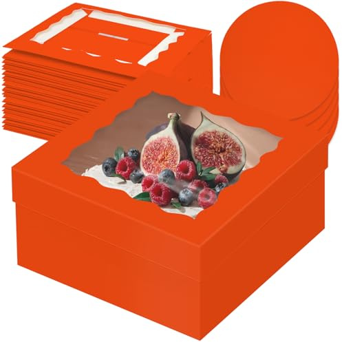 Gcardist 12x12x6 Inch Cake Box, 5 Sets Orange Cake Box with Window & 5 Sets 12 Inch Orange Cake Round Boards, Cake Containers(30.5x30.5x15.4cm)
